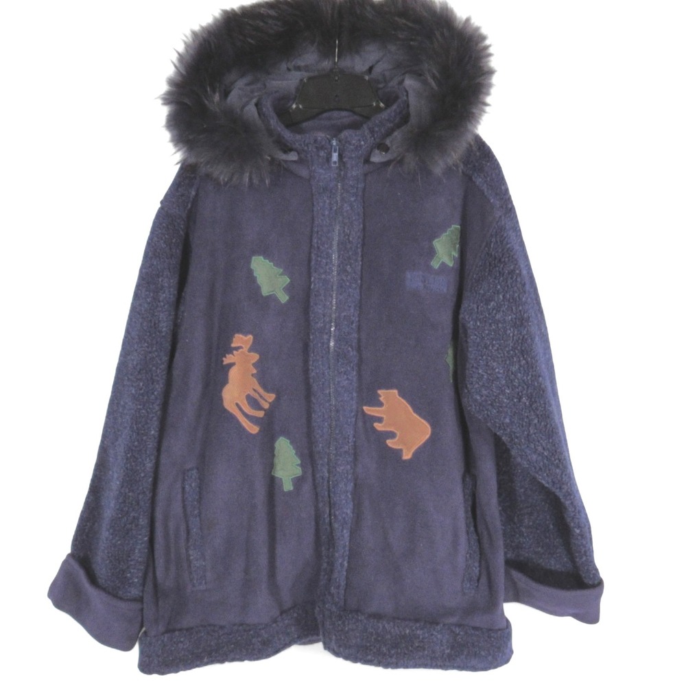 NORTHERN REFLECTIONS Navy FLEECE Removable Fur Hood BEAR/MOOSE Hoodie Jacket L